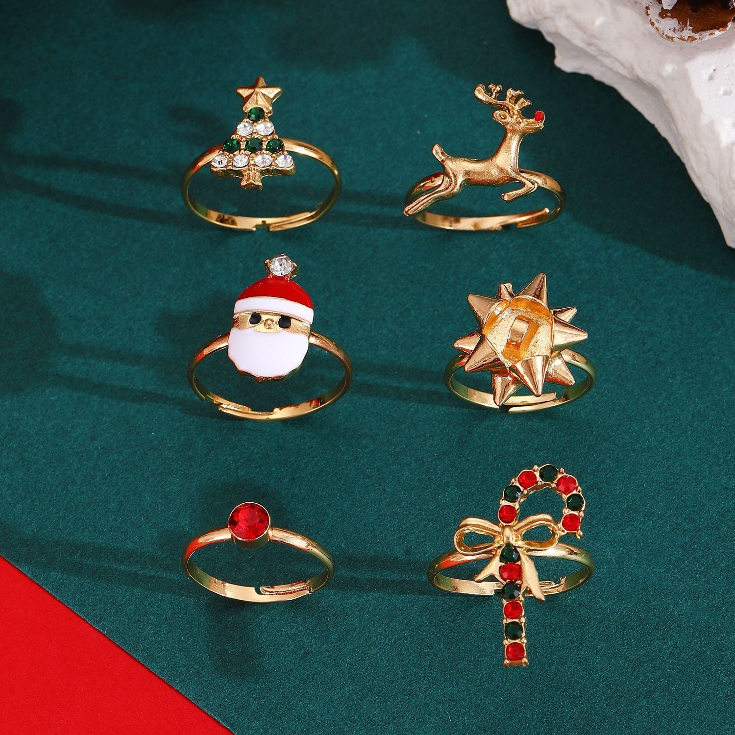 6pcs Santa Claus Christmas Tree Elk Rings Cute Cartoon Christmas Open Adjustable Ring Oil Drop Jewelry