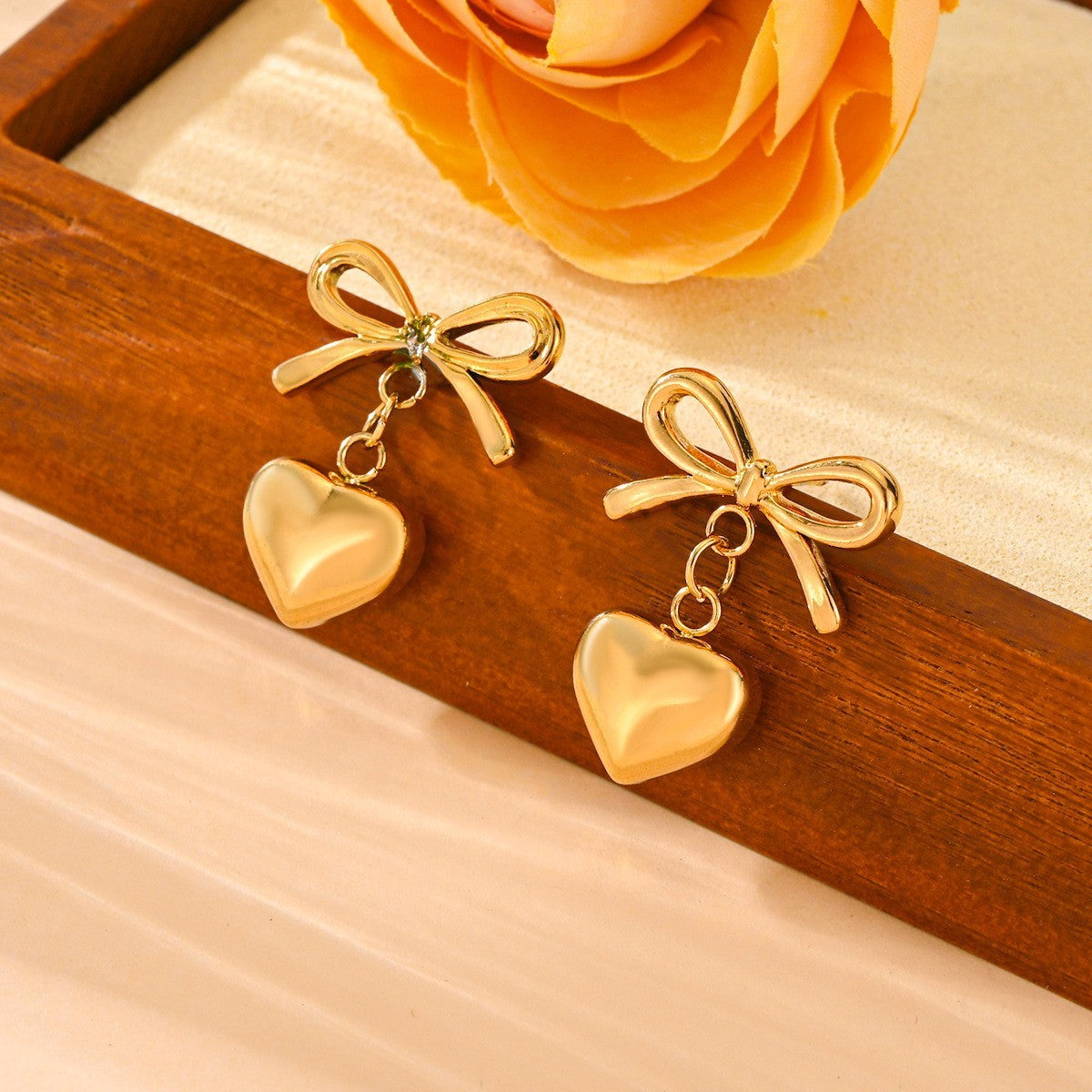 Stainless Steel Peach Heart Bow Necklace Ear Stud Ornament Suit