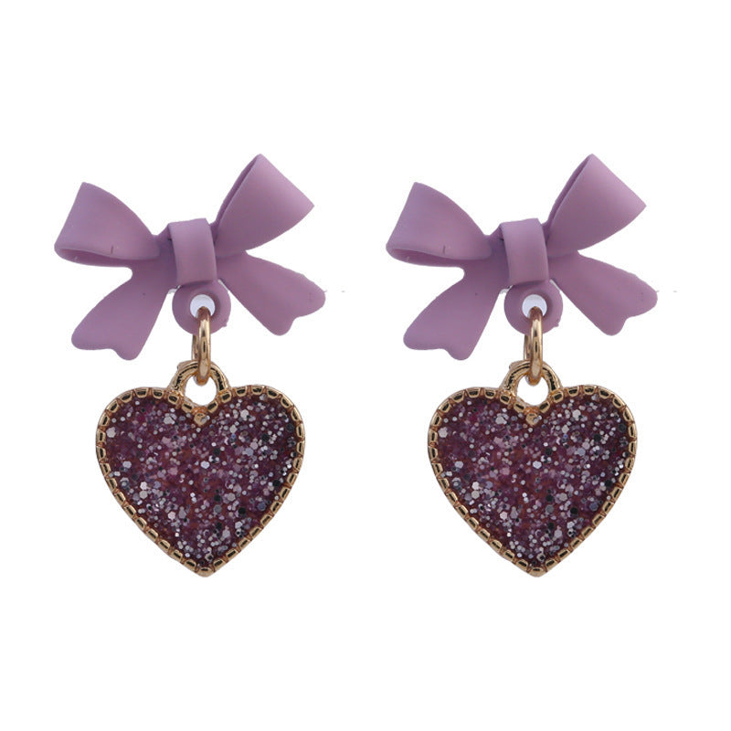 New Korean Style Purple Bow Sequin Love Heart Clip On Earrings Sweet