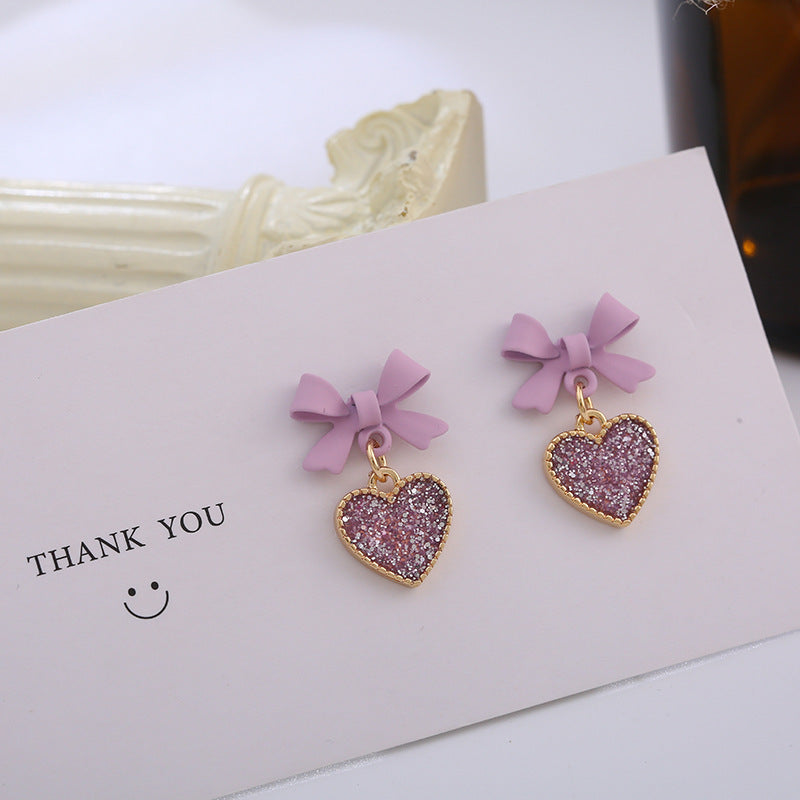 New Korean Style Purple Bow Sequin Love Heart Clip On Earrings Sweet