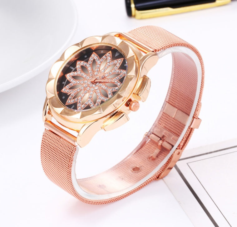 Explosion models watch women's foreign trade to run creative flower tray ladies casual metal mesh with women's watch quartz watch