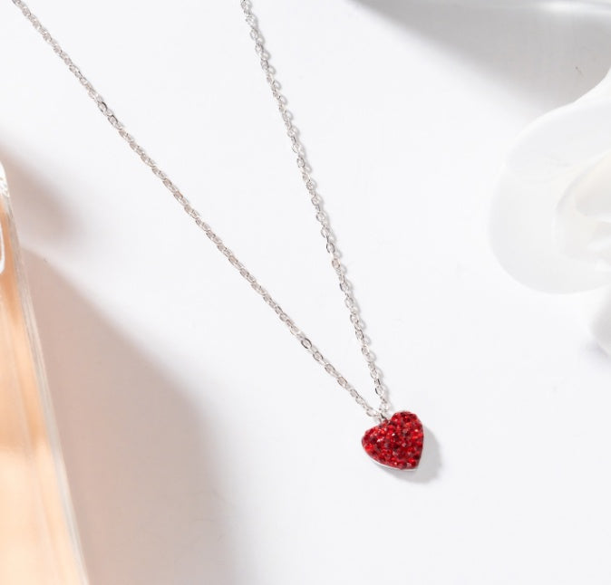 Temperament 925 Silver Diamond Small Red Heart Clavicle Chain