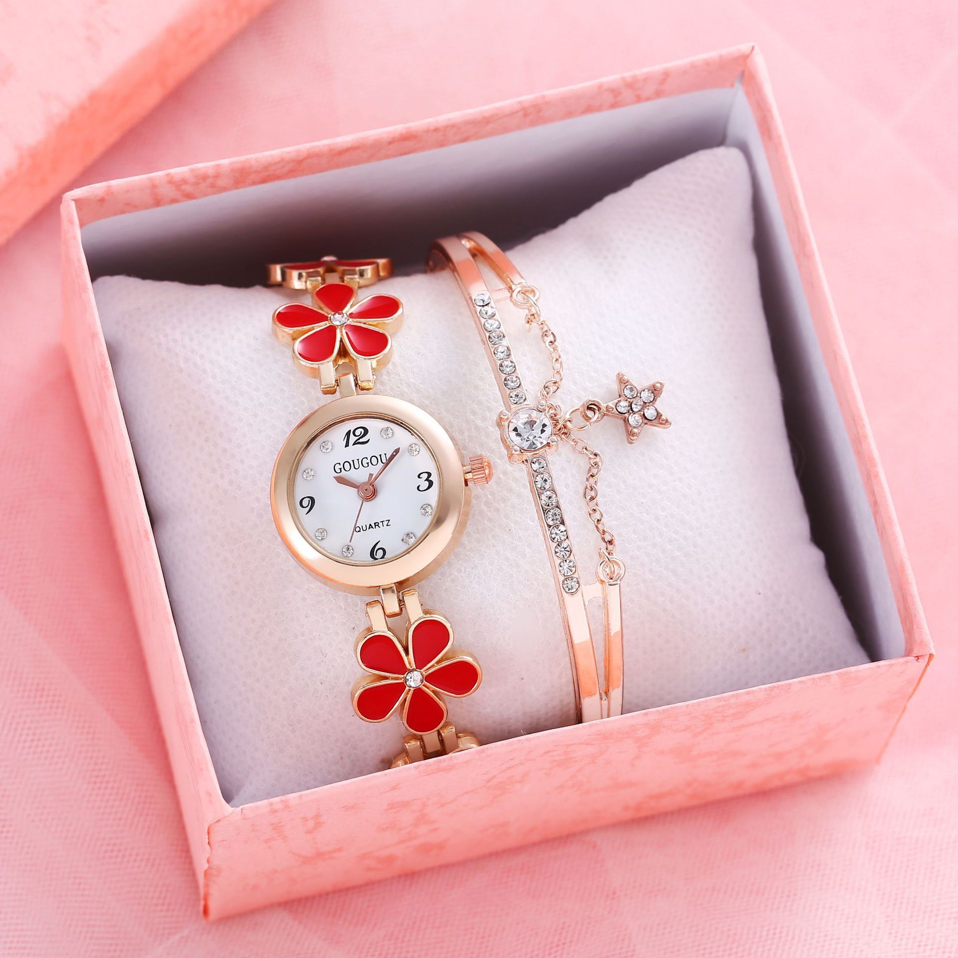 Ladies Petal Patterned Quartz Watch Bracelet Set