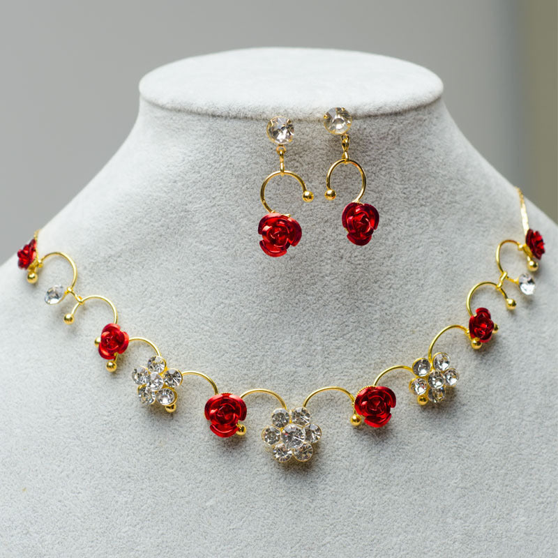 New Korean bridal jewelry necklace, earring, red rose necklace set, Wedding Toasting dress, accessories