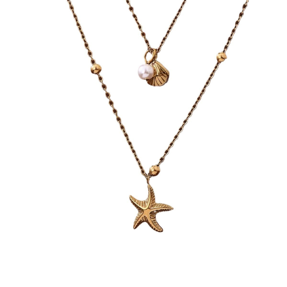 Titanium Steel High Color Retention Double-layer Starfish Shell Necklace Vacuum Vapor Plating 18K Gold