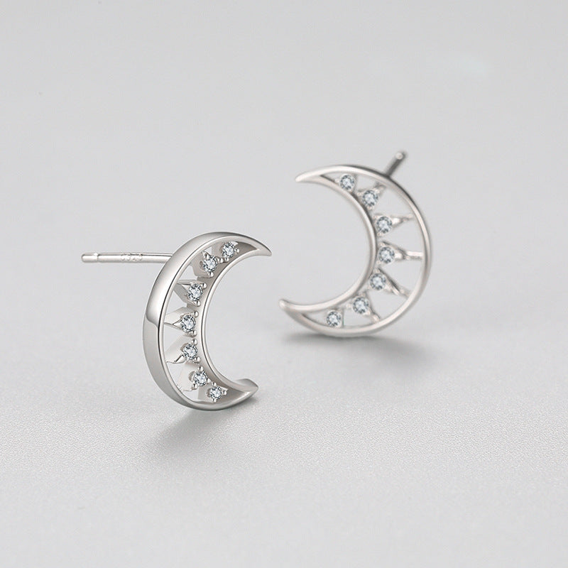 S925 Silver Micro Diamond Hollow Moon Stud Earrings