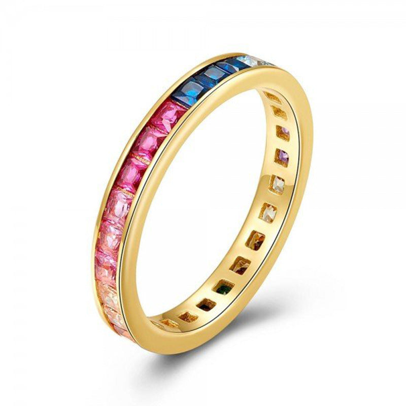 Micro-inlaid Color Zircon Copper Ring 18K Gold Geometric Fashion