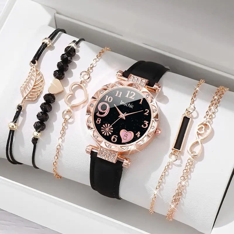 Women's Diamond Dial Belt Quartz Watch Beaded Bracelet Suit