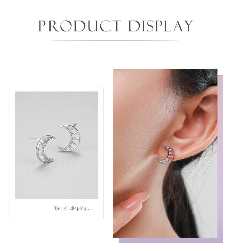 S925 Silver Micro Diamond Hollow Moon Stud Earrings