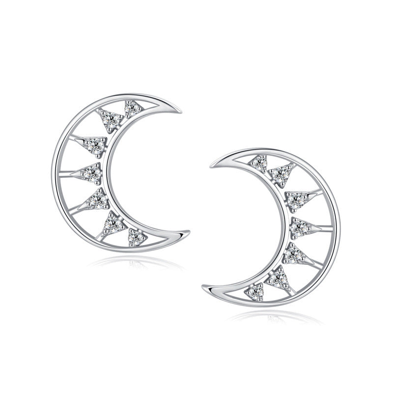 S925 Silver Micro Diamond Hollow Moon Stud Earrings