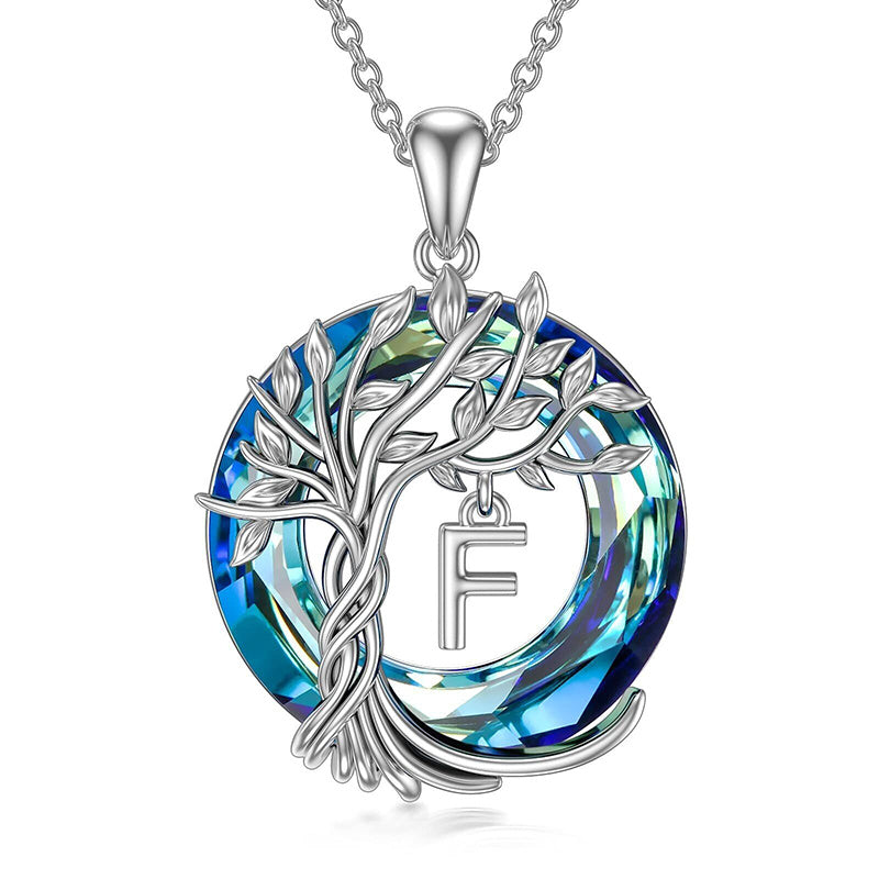 New Tree Of Life Initial Necklace Round Blue Austrian Crystal