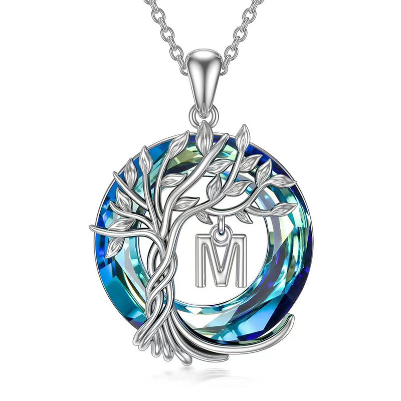 New Tree Of Life Initial Necklace Round Blue Austrian Crystal