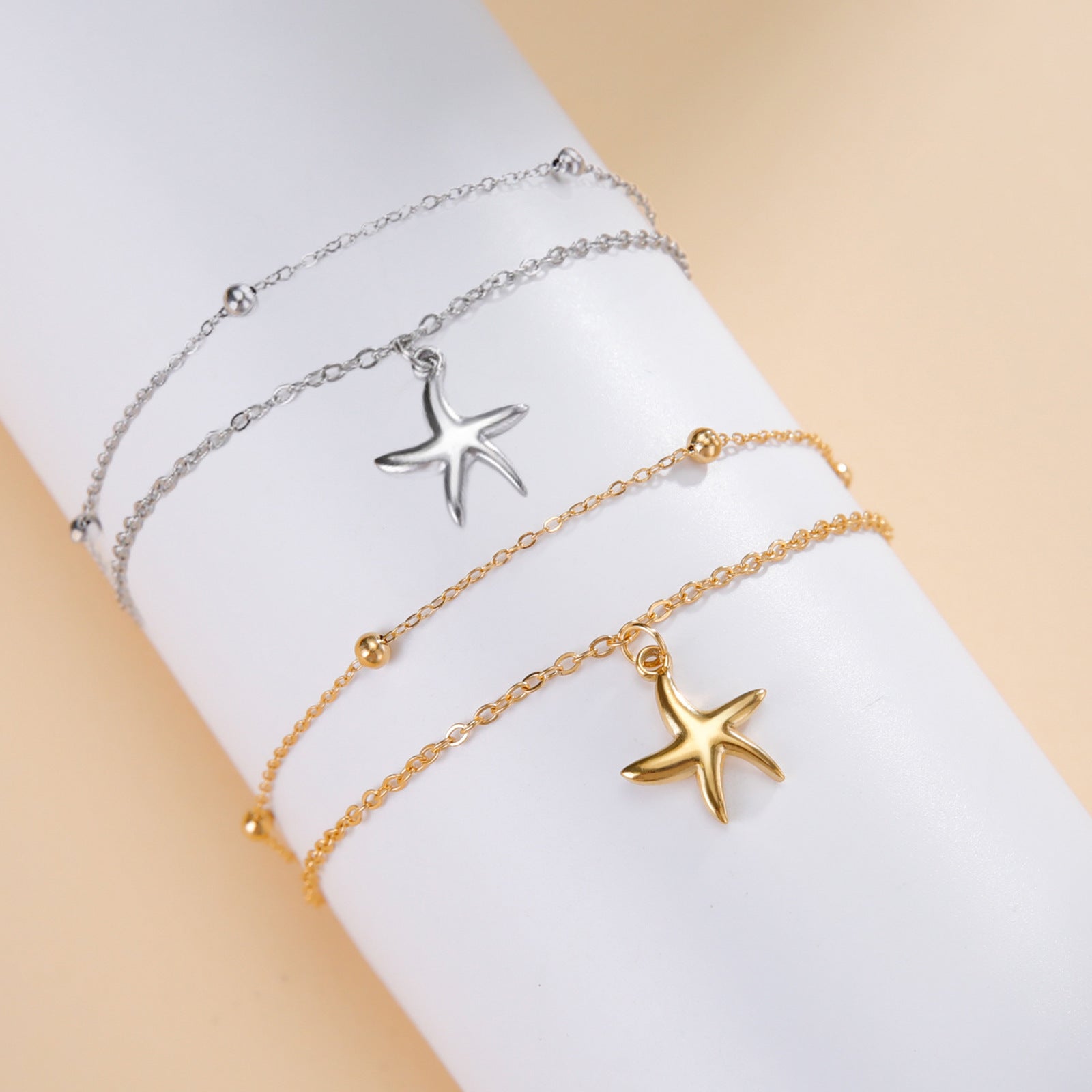 Stainless Steel Starfish Charm Bracelet Double Layer