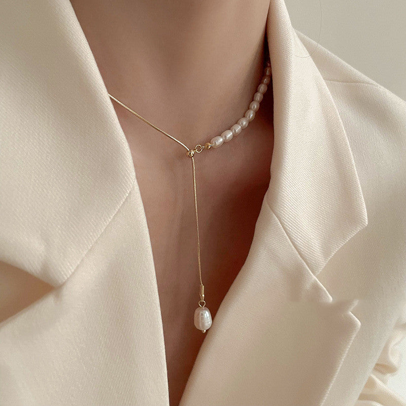 Freshwater Pearl Stitching Necklace Women's Simple And Versatile Light Luxury Niche Design Sense Clavicle Chain