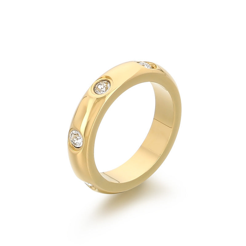 Stainless Steel 18K Gold Diamond-studded Ring