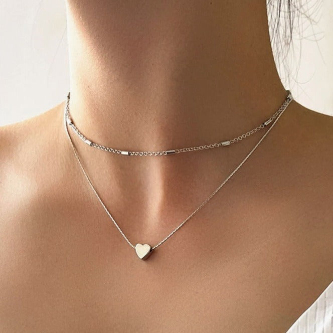 Simple Sweet Style Necklace Double Layers Loving Heart Twin Clavicle Chain All-matching