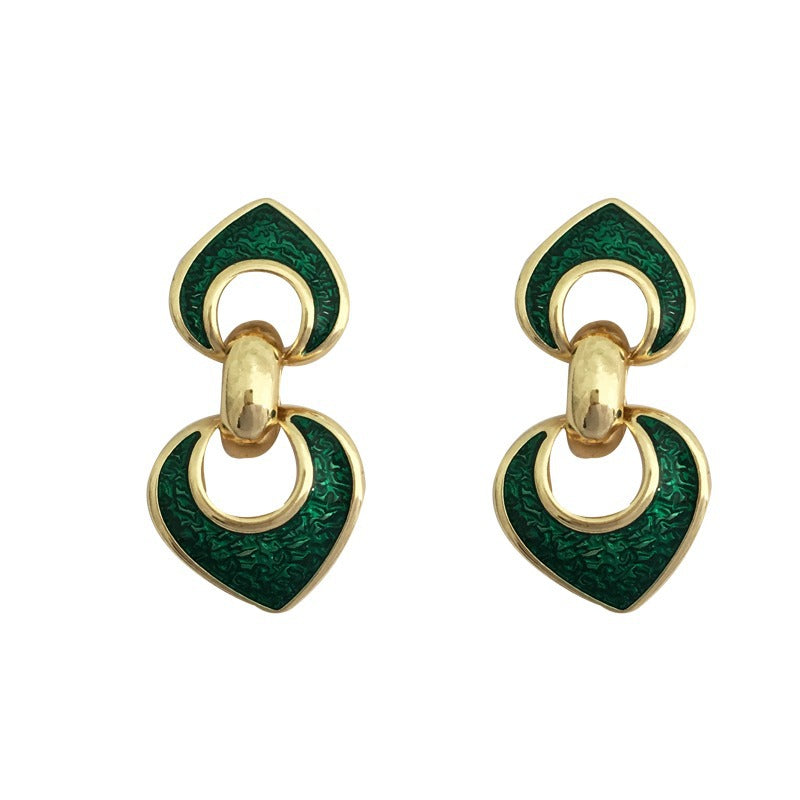 Sterling Silver Needle Retro Hong Kong Style Green Heart Ear Studs