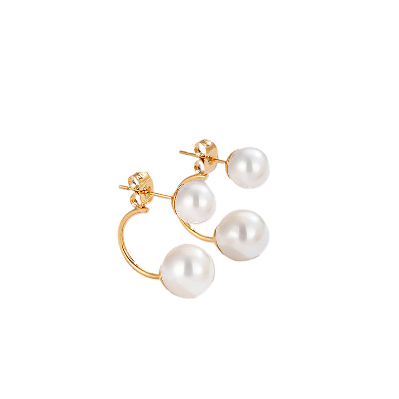 Simple Temperament Back Hanging Pearl Titanium Steel Ear Studs Women