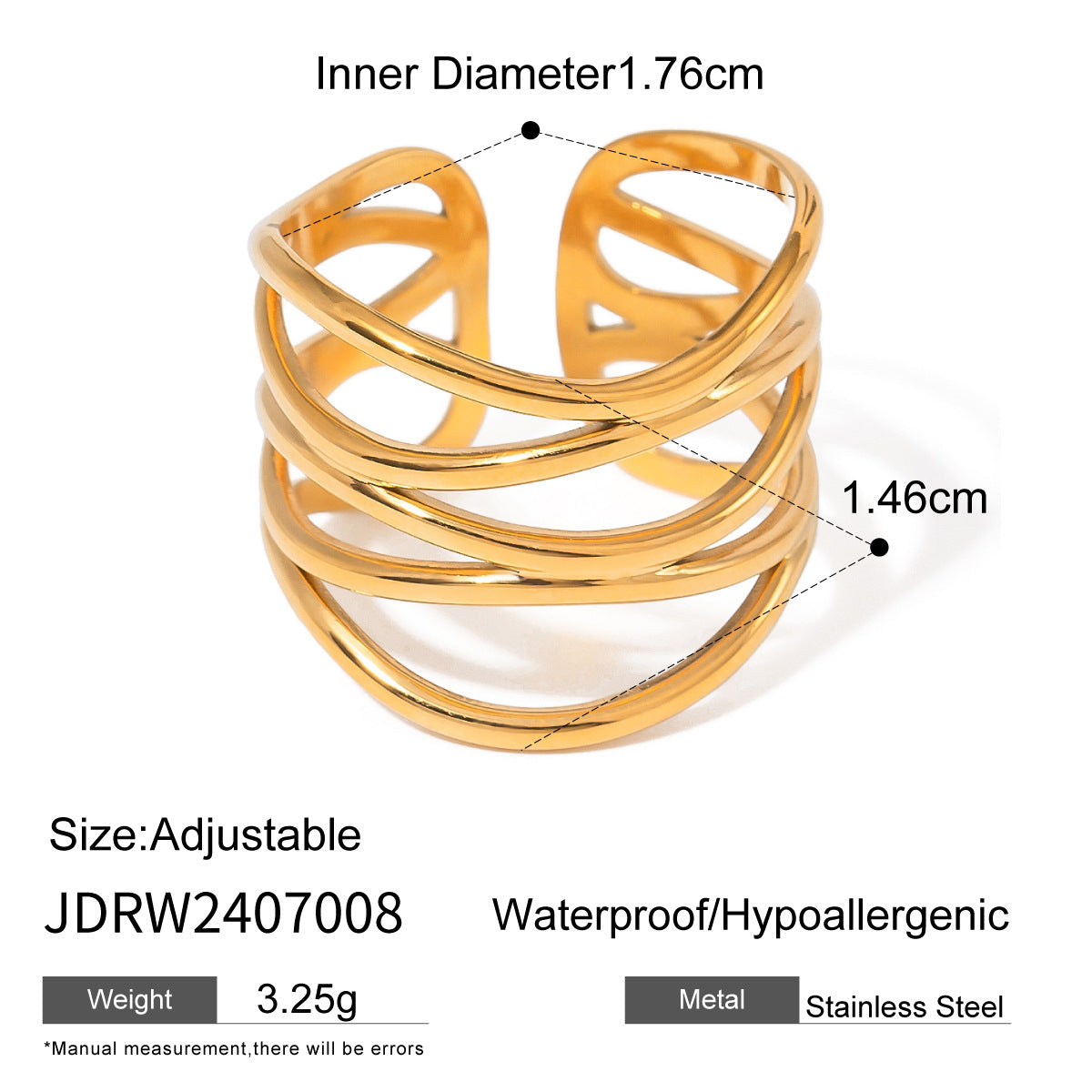 INS Style Simple Temperament 18K Gold Stainless Steel Multi-layer Lines Hollow Opening Ring