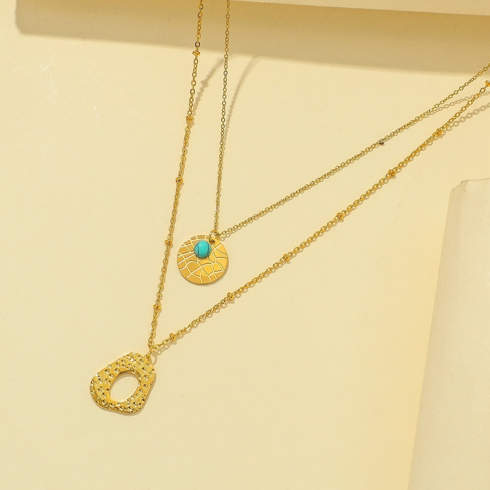 Stainless Steel Double Layer Irregular Crack Coin Turquoise Necklace