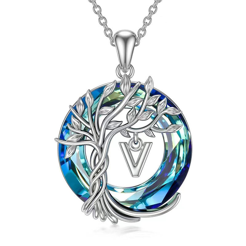 New Tree Of Life Initial Necklace Round Blue Austrian Crystal