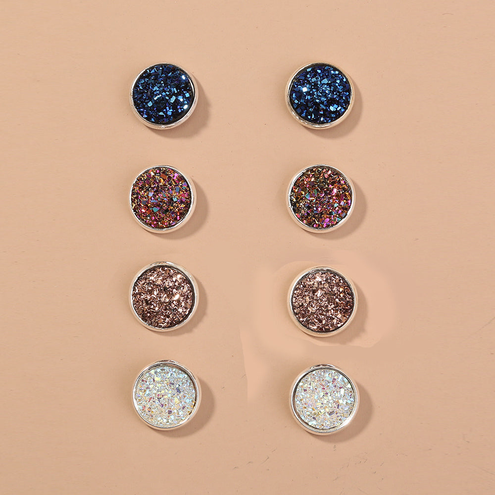 Japanese and Korean ins resin simple wild earrings niche light luxury round colorful crystal cluster 4-piece earrings