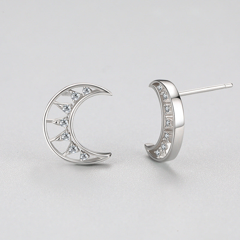 S925 Silver Micro Diamond Hollow Moon Stud Earrings