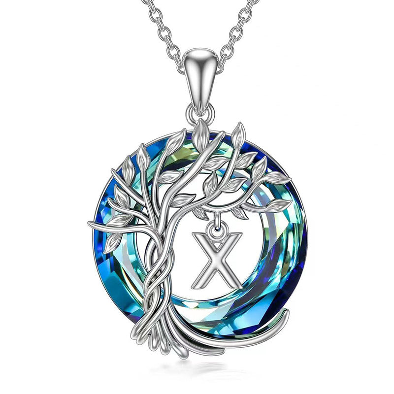 New Tree Of Life Initial Necklace Round Blue Austrian Crystal